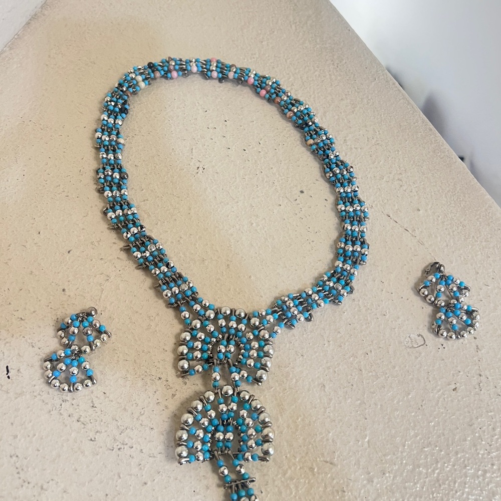 1970's Silvertone Turquoise Safety Pin Necklace & Earring Set Southwestern‎ - Picture 3 of 12